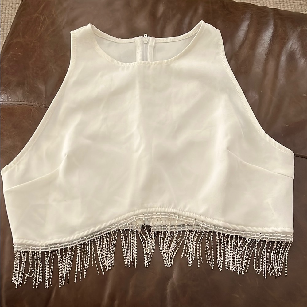 White Embellished Crop Tank Top